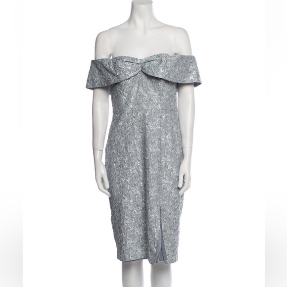 Aidan Mattox Jacquard Off-the-Shoulder Evening Midi Dress Size 8 Gray Silver - Picture 1 of 6